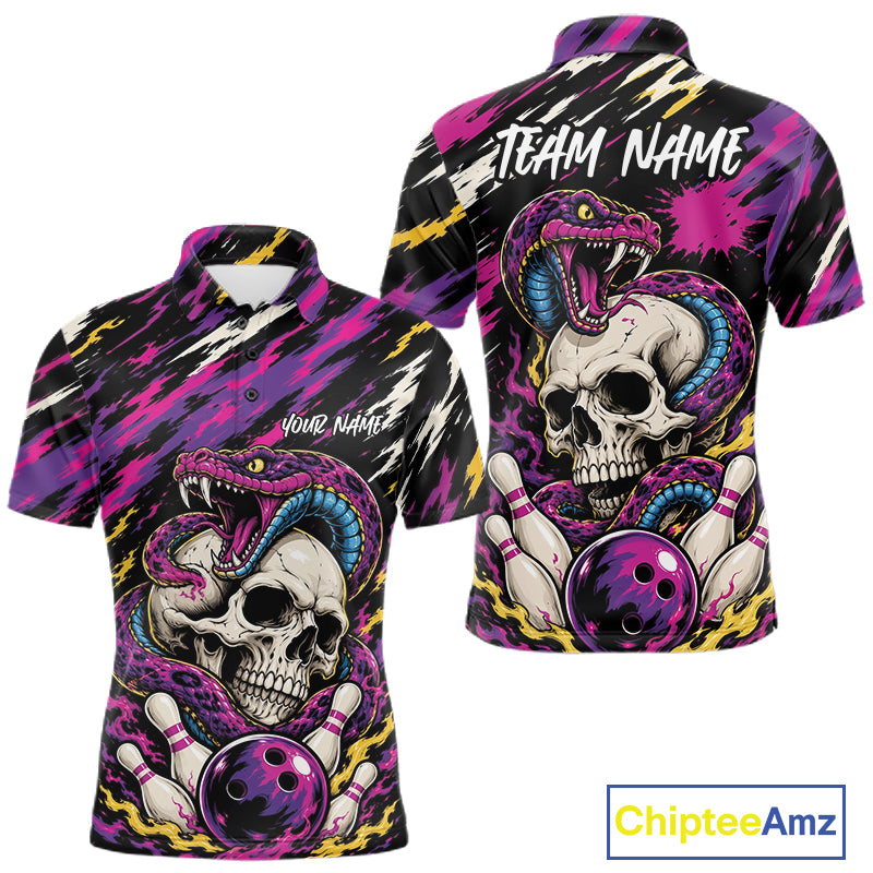 A short-sleeve polo shirt shown from both front and back, featuring a bold bowling-themed graphic print with skulls, snakes, bowling pins, bowling balls, and customizable text placeholders. The design uses a high-contrast black, purple, pink, yellow, and white color scheme on a plain white background.