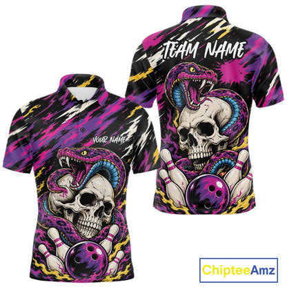 A short-sleeve polo shirt shown from both front and back, featuring a bold bowling-themed graphic print with skulls, snakes, bowling pins, bowling balls, and customizable text placeholders. The design uses a high-contrast black, purple, pink, yellow, and white color scheme on a plain white background.