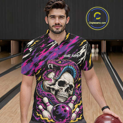 A man wearing a short-sleeve polo shirt shirt with a bold graphic print featuring a skull, snake, bowling pins, and bowling ball, set against a bowling alley background.