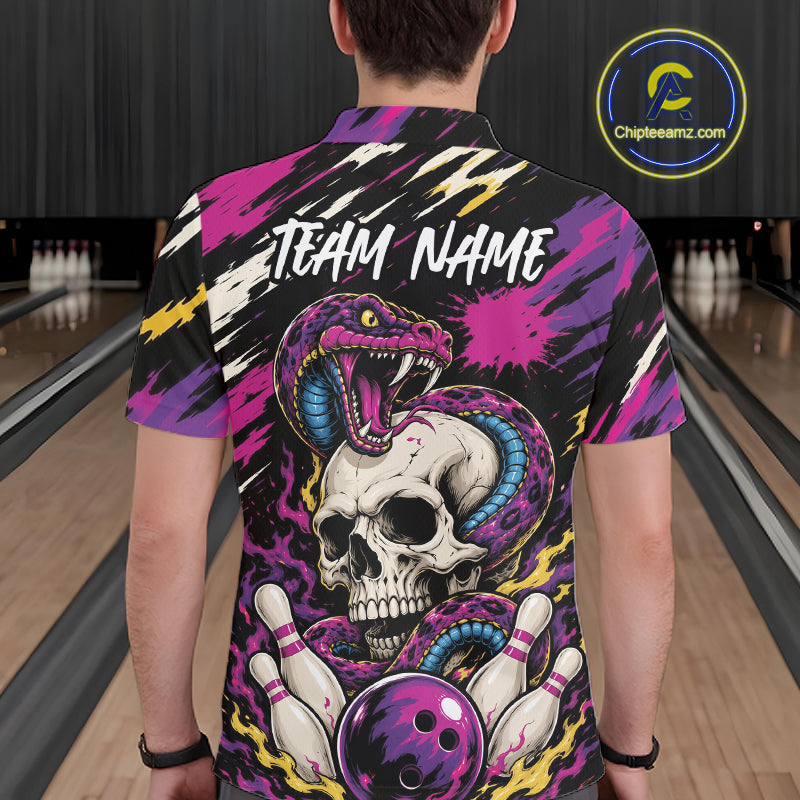 A man viewed from behind wearing a short-sleeve bowling shirt with a large graphic print of a skull, snake, bowling pins, and bowling ball on a black background with pink, purple, and yellow paint splatter.
