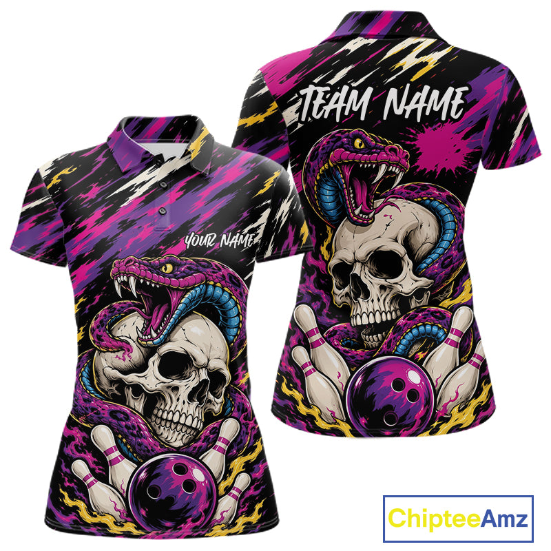 A women's short-sleeve polo shirt shown from the front and back, featuring a bold bowling-themed graphic print with skulls, snakes, bowling pins, and bowling balls in black, purple, pink, blue, and white. The front has placeholder text reading 'YOUR NAME', and the back has 'TEAM NAME'.