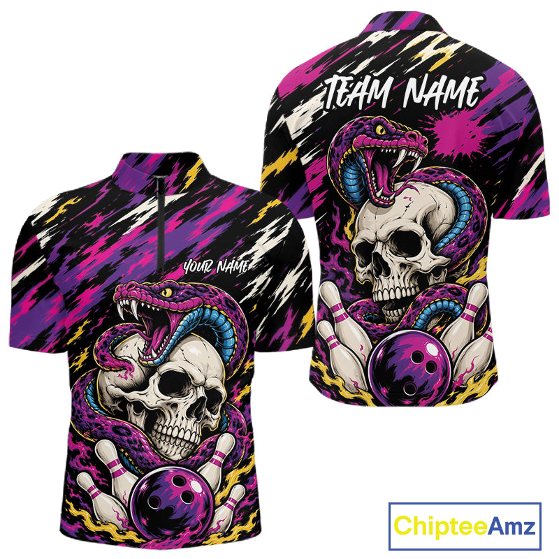 A short-sleeve bowling graphic quarter zip shirt shown from the front and back on a white background. The design features a large skull wrapped in a purple and blue snake, bowling pins, and bowling balls, with customizable text areas reading 'TEAM NAME' and 'YOUR NAME'.