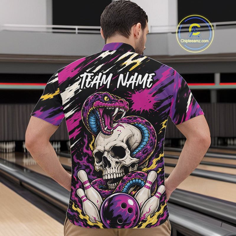 A man viewed from behind wearing a short-sleeve bowling-themed shirt with a large graphic print featuring a skull, snake, bowling pins, and bowling ball on a bowling alley background. The shirt has 'TEAM NAME' printed across the upper back.