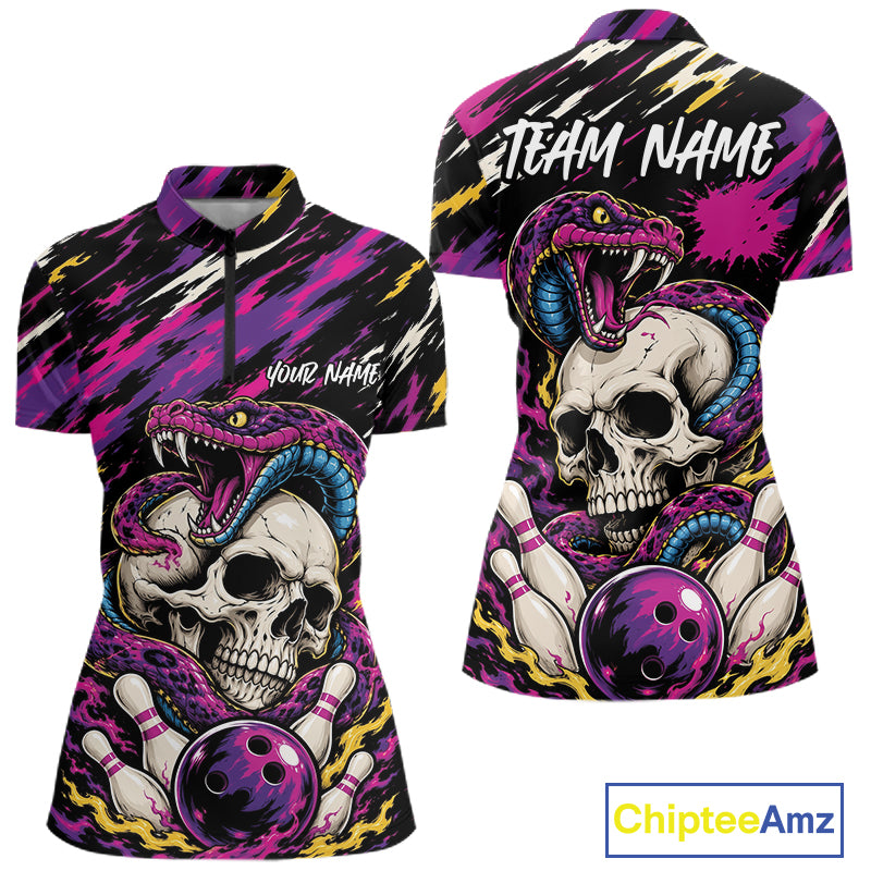 Front and back views of a short-sleeve bowling-themed quarter zip shirt with a black base, purple and pink brushstroke patterns, a large snake and skull graphic, bowling pins, and bowling balls. The shirt includes customizable text placeholders: 'TEAM NAME' on the back and 'YOUR NAME' on the front.
