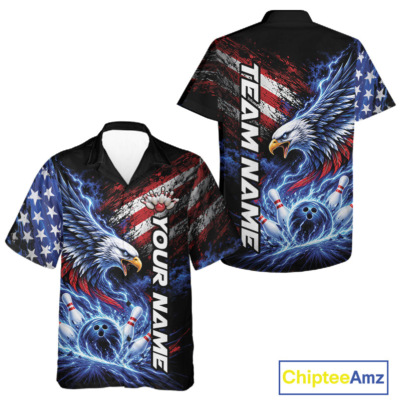 Custom Patriotic American Eagle Bowling Jerseys, US Flag Bowling Men And Women Button Up Shirt IPHW12375
