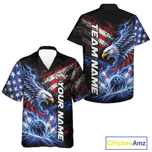 Custom Patriotic American Eagle Bowling Jerseys, US Flag Bowling Men And Women Button Up Shirt IPHW12375