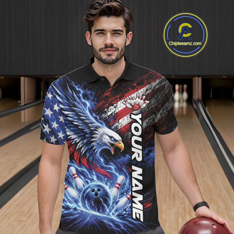 Custom Patriotic American Eagle Bowling Jerseys, US Flag Bowling Men Polo Shirt IPHW12375