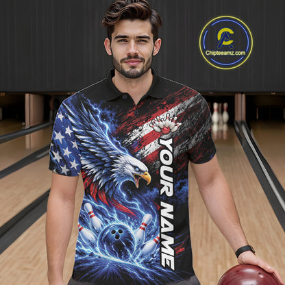 Custom Patriotic American Eagle Bowling Jerseys, US Flag Bowling Men Polo Shirt IPHW12375