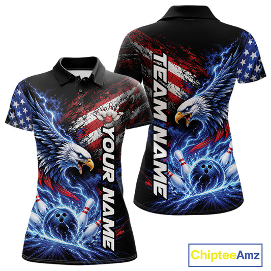 Custom Patriotic American Eagle Bowling Jerseys, US Flag Bowling Women Polo Shirt IPHW12375