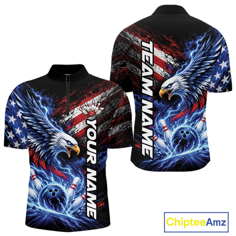 Custom Patriotic American Eagle Bowling Jerseys, US Flag Bowling Men Quarter Zip Shirt IPHW12375
