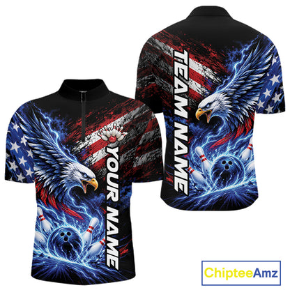 Custom Patriotic American Eagle Bowling Jerseys, US Flag Bowling Men Quarter Zip Shirt IPHW12375