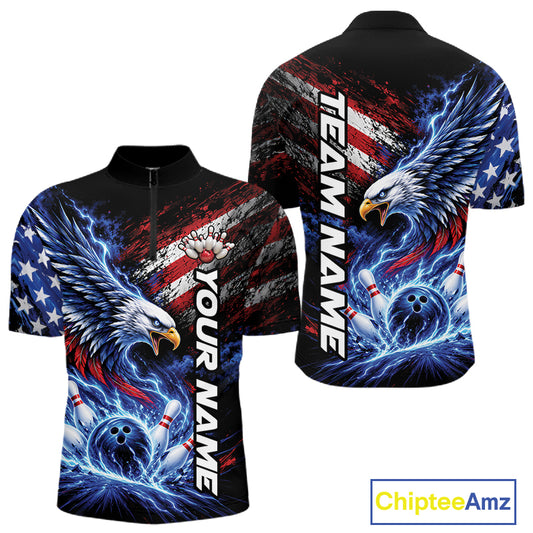 Custom Patriotic American Eagle Bowling Jerseys, US Flag Bowling Men Quarter Zip Shirt IPHW12375