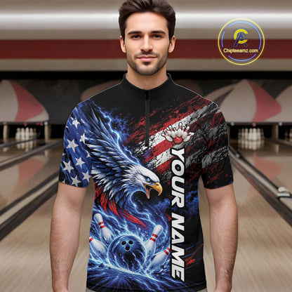 Custom Patriotic American Eagle Bowling Jerseys, US Flag Bowling Men Quarter Zip Shirt IPHW12375