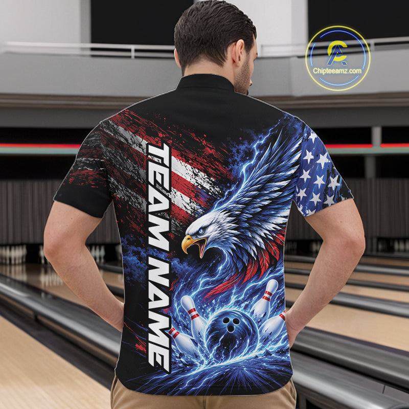 Custom Patriotic American Eagle Bowling Jerseys, US Flag Bowling Men Quarter Zip Shirt IPHW12375