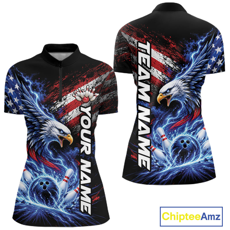 Custom Patriotic American Eagle Bowling Jerseys, US Flag Bowling Women Quarter-Zip Shirt IPHW12375
