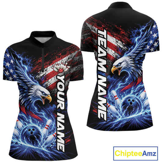 Custom Patriotic American Eagle Bowling Jerseys, US Flag Bowling Women Quarter-Zip Shirt IPHW12375