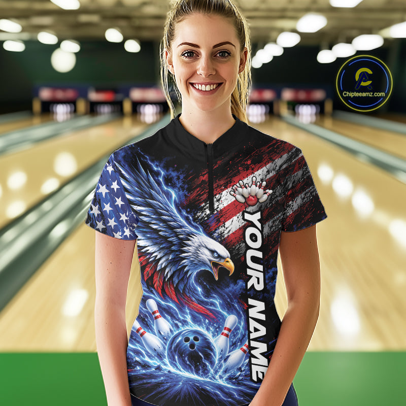 Custom Patriotic American Eagle Bowling Jerseys, US Flag Bowling Women Quarter-Zip Shirt IPHW12375