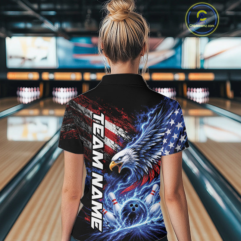 Custom Patriotic American Eagle Bowling Jerseys, US Flag Bowling Women Quarter-Zip Shirt IPHW12375