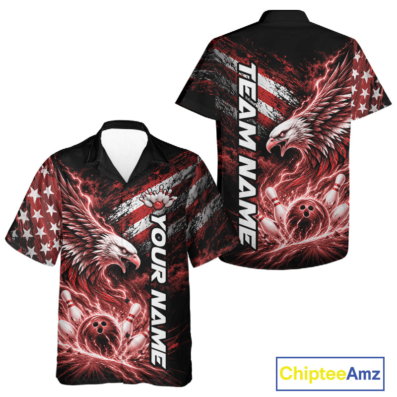 Custom Patriotic Red American Eagle Bowling Jerseys, US Flag Bowling Men And Women Button Up Shirt IPHW12376