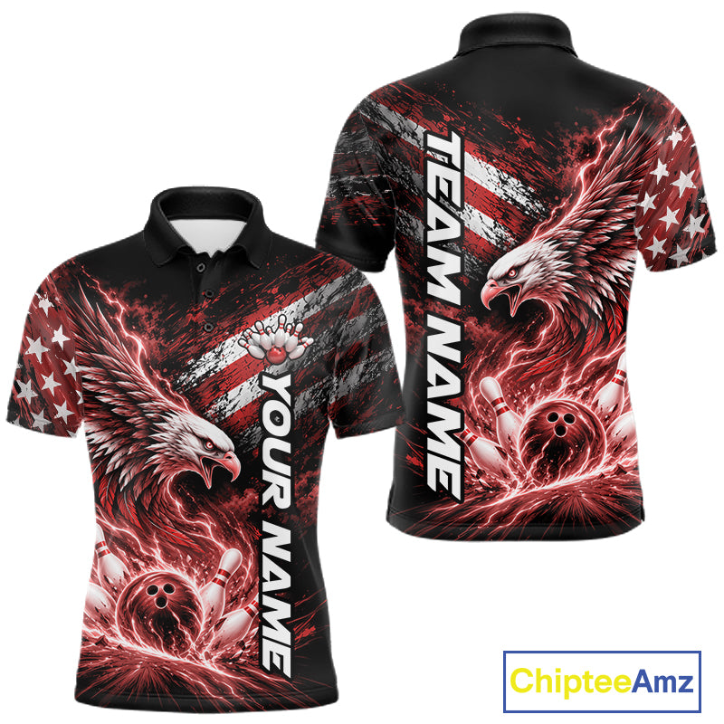Custom Patriotic Red American Eagle Bowling Jerseys, US Flag Bowling Men Polo Shirt IPHW12376
