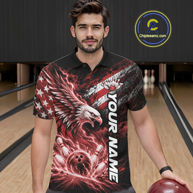 Custom Patriotic Red American Eagle Bowling Jerseys, US Flag Bowling Men Polo Shirt IPHW12376