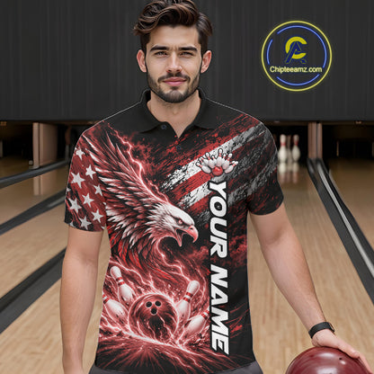Custom Patriotic Red American Eagle Bowling Jerseys, US Flag Bowling Men Polo Shirt IPHW12376