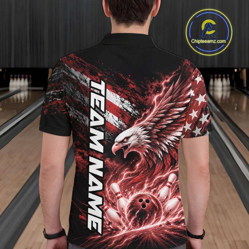 Custom Patriotic Red American Eagle Bowling Jerseys, US Flag Bowling Men Polo Shirt IPHW12376