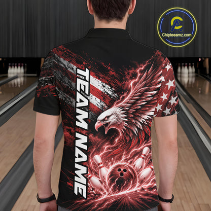 Custom Patriotic Red American Eagle Bowling Jerseys, US Flag Bowling Men Polo Shirt IPHW12376
