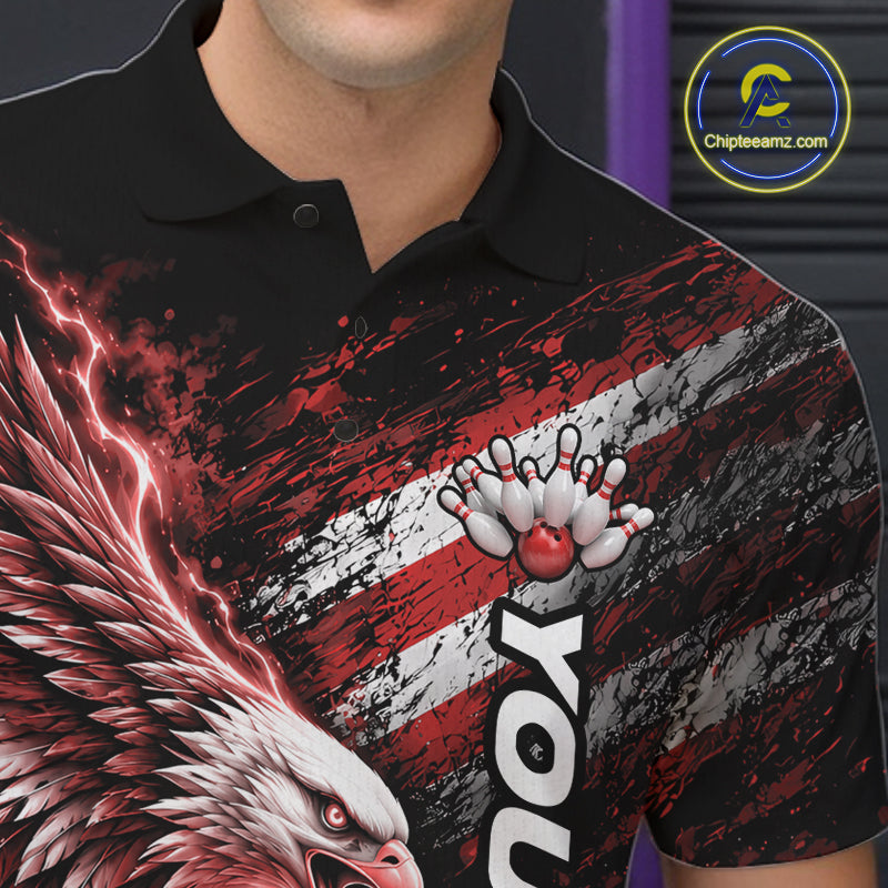 Custom Patriotic Red American Eagle Bowling Jerseys, US Flag Bowling Men Polo Shirt IPHW12376