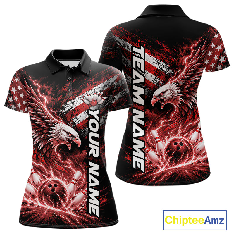 Custom Patriotic Red American Eagle Bowling Jerseys, US Flag Bowling Women Polo Shirt IPHW12376