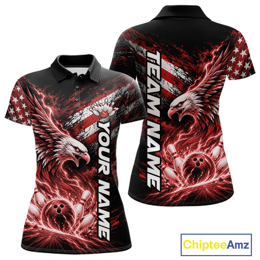 Custom Patriotic Red American Eagle Bowling Jerseys, US Flag Bowling Women Polo Shirt IPHW12376