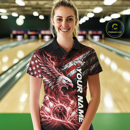 Custom Patriotic Red American Eagle Bowling Jerseys, US Flag Bowling Women Polo Shirt IPHW12376