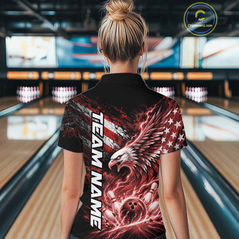 Custom Patriotic Red American Eagle Bowling Jerseys, US Flag Bowling Women Polo Shirt IPHW12376