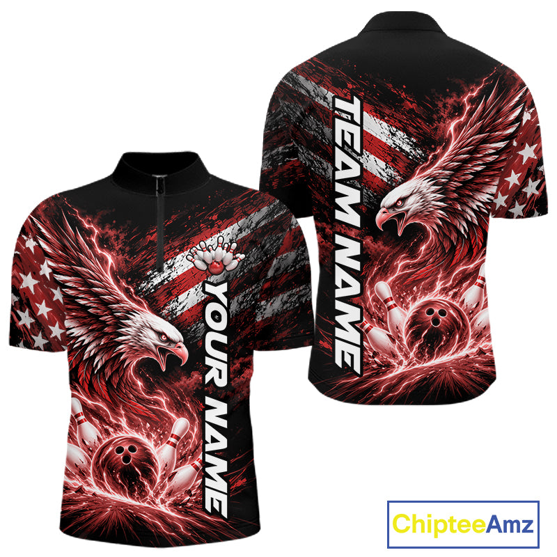 Custom Patriotic Red American Eagle Bowling Jerseys, US Flag Bowling Men Quarter Zip Shirt IPHW12376