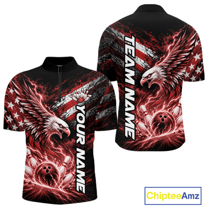 Custom Patriotic Red American Eagle Bowling Jerseys, US Flag Bowling Men Quarter Zip Shirt IPHW12376