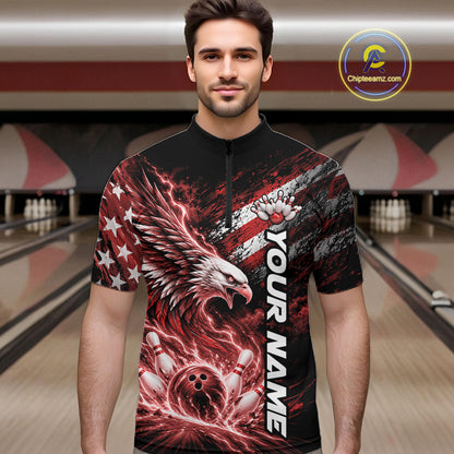 Custom Patriotic Red American Eagle Bowling Jerseys, US Flag Bowling Men Quarter Zip Shirt IPHW12376