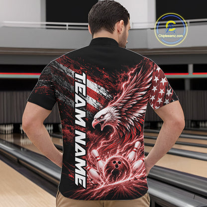 Custom Patriotic Red American Eagle Bowling Jerseys, US Flag Bowling Men Quarter Zip Shirt IPHW12376