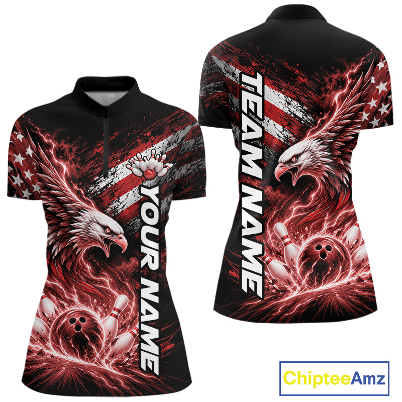Custom Patriotic Red American Eagle Bowling Jersey, US Flag Bowling Women Quarter-Zip IPHW12376
