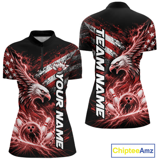 Custom Patriotic Red American Eagle Bowling Jersey, US Flag Bowling Women Quarter-Zip IPHW12376