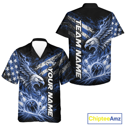 Custom Patriotic Blue American Eagle Bowling Jerseys, US Flag Bowling Men And Women Button Up Shirt IPHW12377
