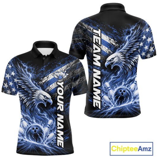 Custom Patriotic Blue American Eagle Bowling Jerseys, US Flag Bowling Men Polo Shirt IPHW12377