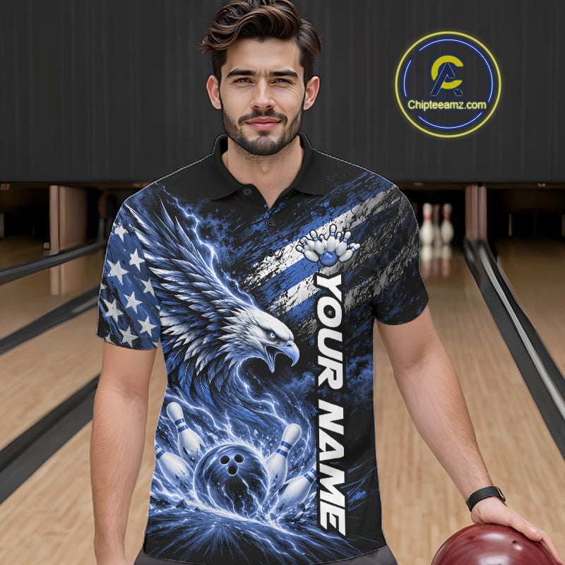 Custom Patriotic Blue American Eagle Bowling Jerseys, US Flag Bowling Men Polo Shirt IPHW12377