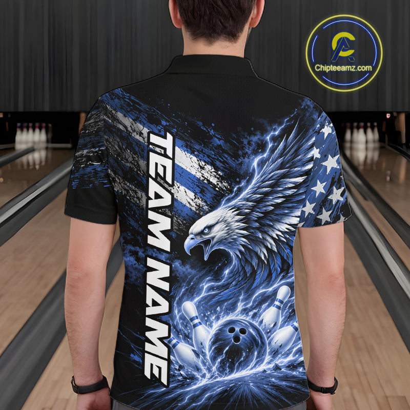 Custom Patriotic Blue American Eagle Bowling Jerseys, US Flag Bowling Men Polo Shirt IPHW12377
