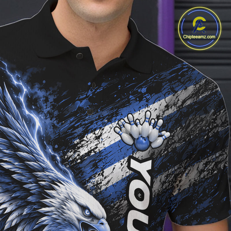 Custom Patriotic Blue American Eagle Bowling Jerseys, US Flag Bowling Men Polo Shirt IPHW12377