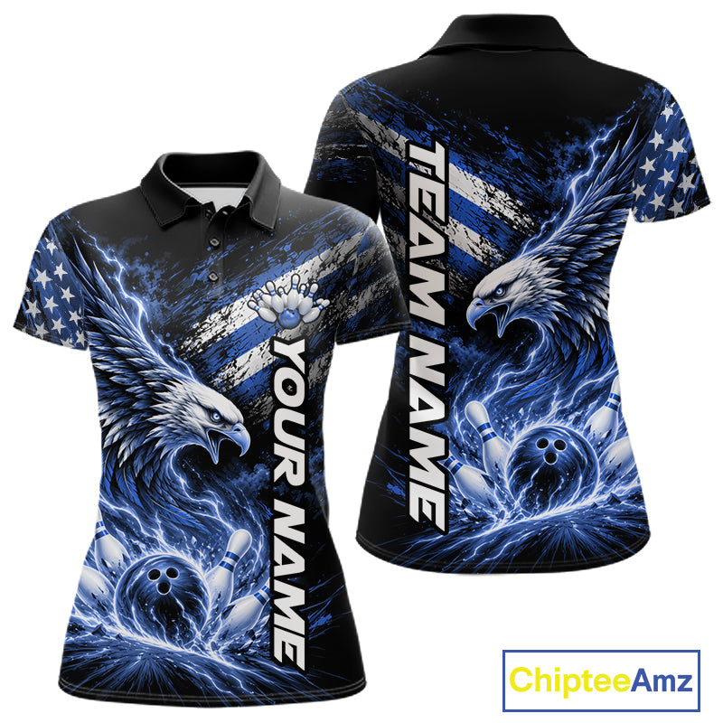 Custom Patriotic Blue American Eagle Bowling Jerseys, US Flag Bowling Women Polo Shirt IPHW12377