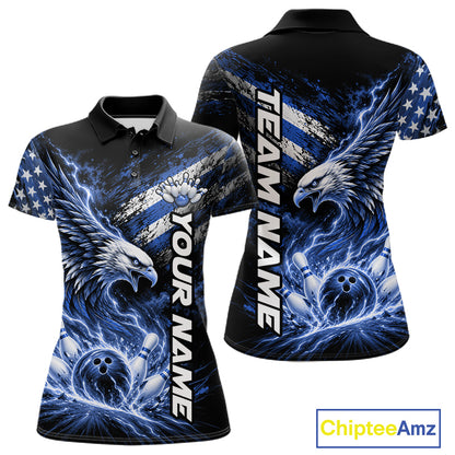 Custom Patriotic Blue American Eagle Bowling Jerseys, US Flag Bowling Women Polo Shirt IPHW12377