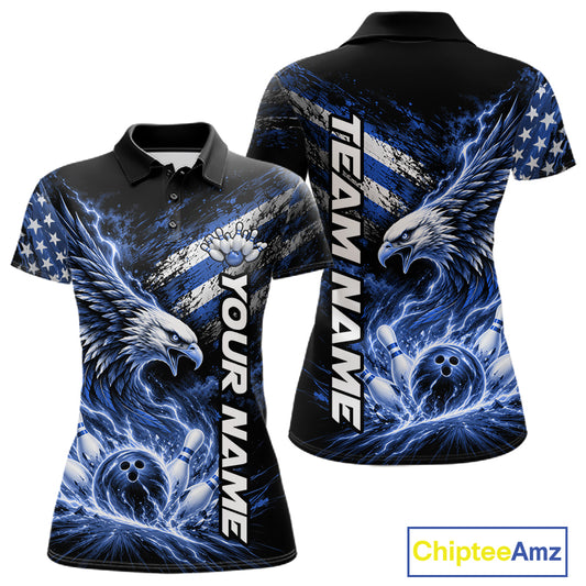 Custom Patriotic Blue American Eagle Bowling Jerseys, US Flag Bowling Women Polo Shirt IPHW12377