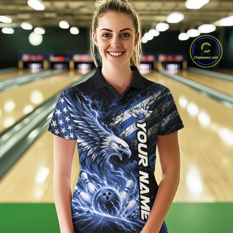Custom Patriotic Blue American Eagle Bowling Jerseys, US Flag Bowling Women Polo Shirt IPHW12377
