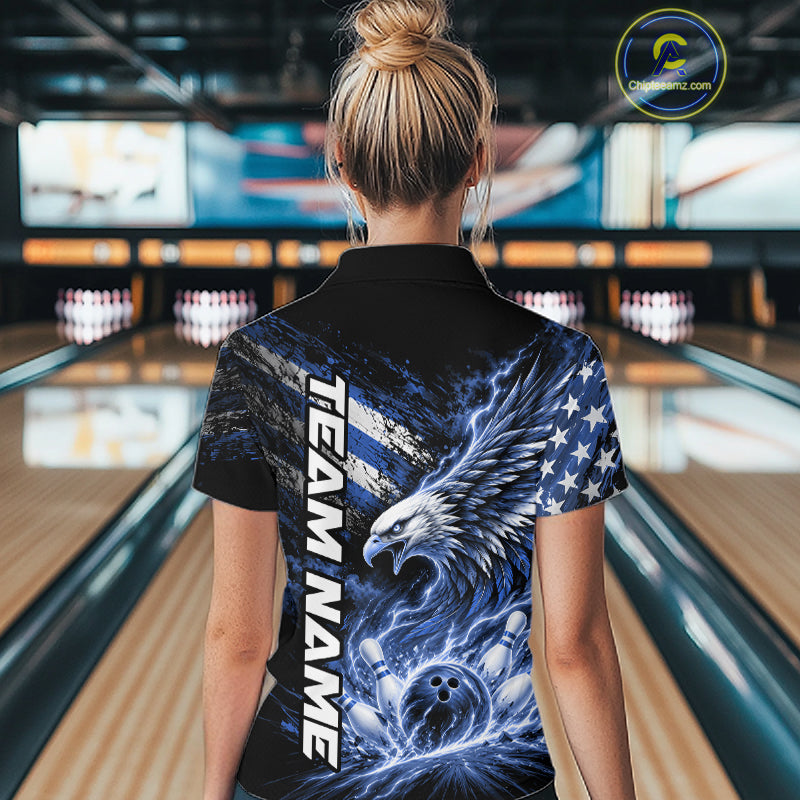 Custom Patriotic Blue American Eagle Bowling Jerseys, US Flag Bowling Women Polo Shirt IPHW12377