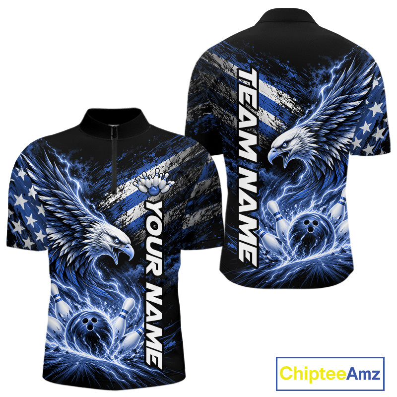 Custom Patriotic Blue American Eagle Bowling Jerseys, US Flag Bowling Men Quarter Zip Shirt IPHW12377